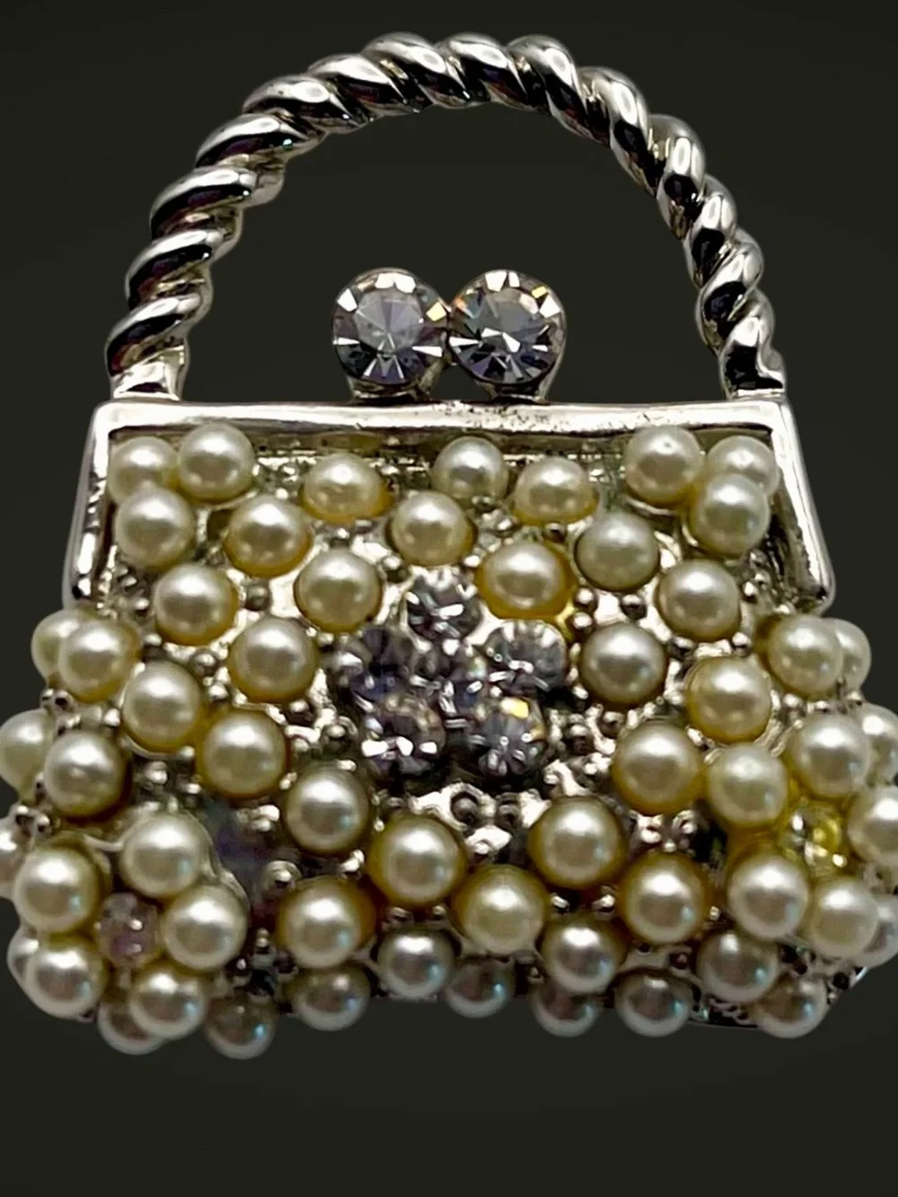 Dazzling Vintage Pearl and Rhinestone Purse Brooch Dainty Petite Estate Pc